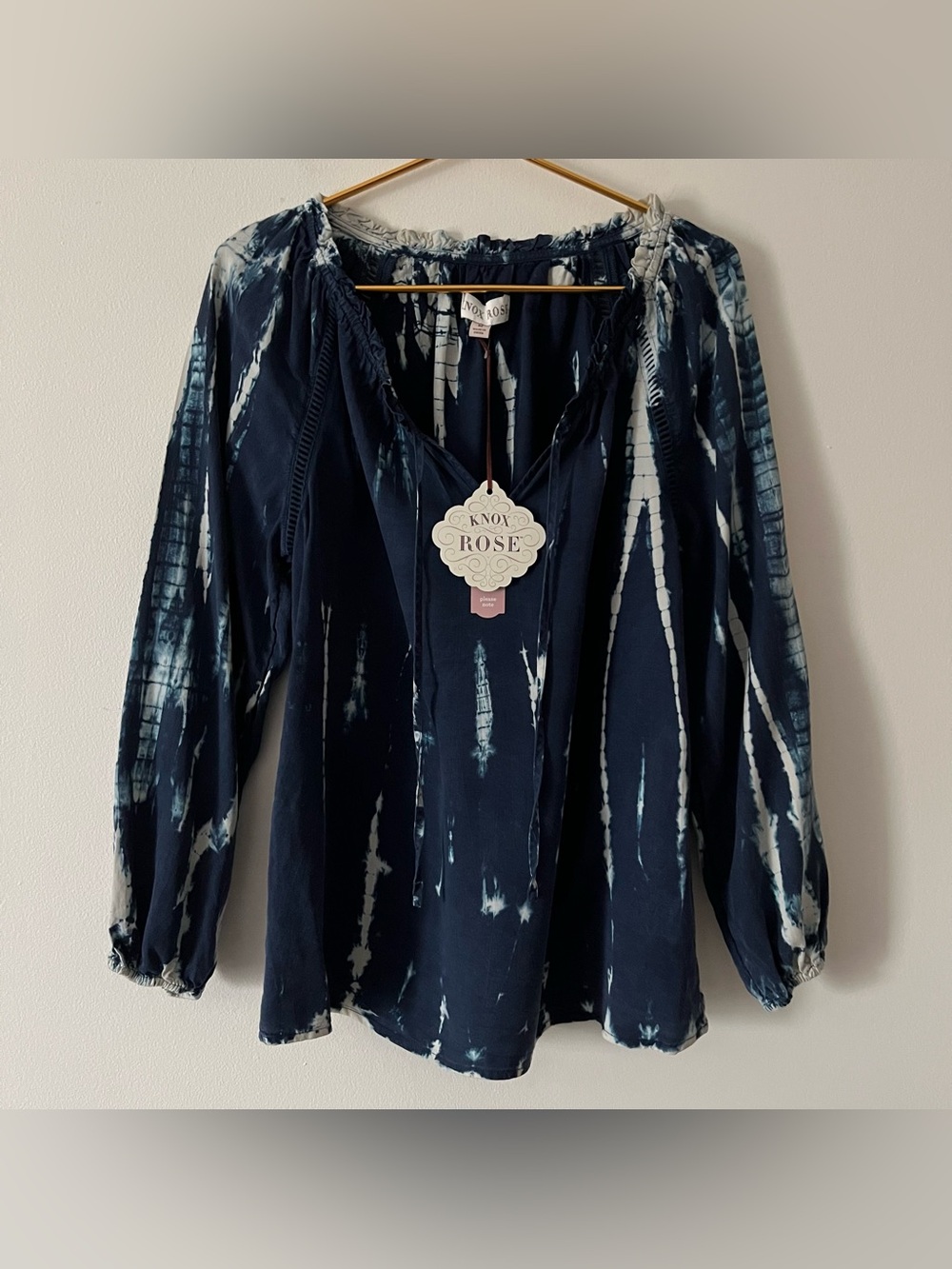 Knox Rose NWT Navy Blue Cream Tie-Dye Long Sleeve Boho Peasant Blouse Med